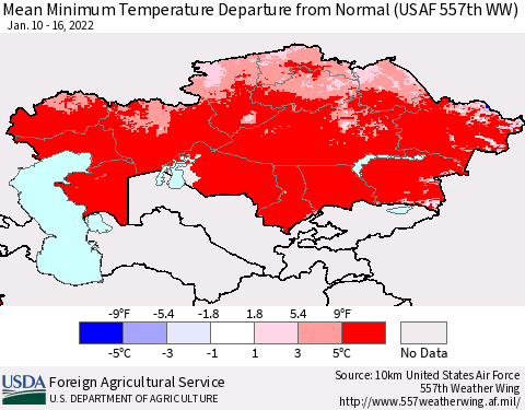 Kazakhstan Mean Minimum Temperature Departure from Normal (USAF 557th WW) Thematic Map For 1/10/2022 - 1/16/2022
