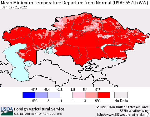 Kazakhstan Mean Minimum Temperature Departure from Normal (USAF 557th WW) Thematic Map For 1/17/2022 - 1/23/2022