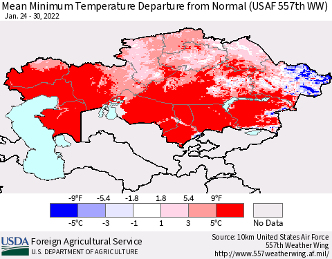 Kazakhstan Mean Minimum Temperature Departure from Normal (USAF 557th WW) Thematic Map For 1/24/2022 - 1/30/2022
