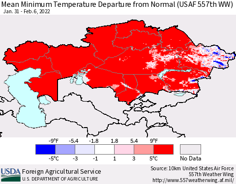 Kazakhstan Mean Minimum Temperature Departure from Normal (USAF 557th WW) Thematic Map For 1/31/2022 - 2/6/2022