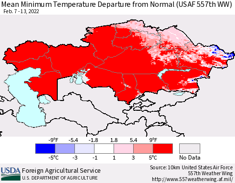 Kazakhstan Mean Minimum Temperature Departure from Normal (USAF 557th WW) Thematic Map For 2/7/2022 - 2/13/2022