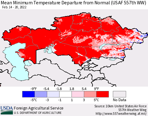 Kazakhstan Mean Minimum Temperature Departure from Normal (USAF 557th WW) Thematic Map For 2/14/2022 - 2/20/2022