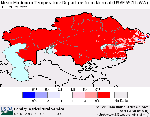 Kazakhstan Mean Minimum Temperature Departure from Normal (USAF 557th WW) Thematic Map For 2/21/2022 - 2/27/2022