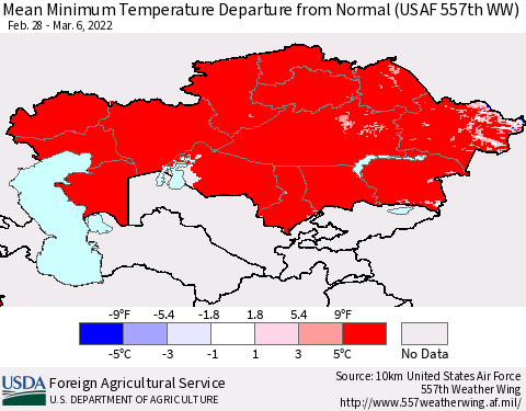Kazakhstan Mean Minimum Temperature Departure from Normal (USAF 557th WW) Thematic Map For 2/28/2022 - 3/6/2022