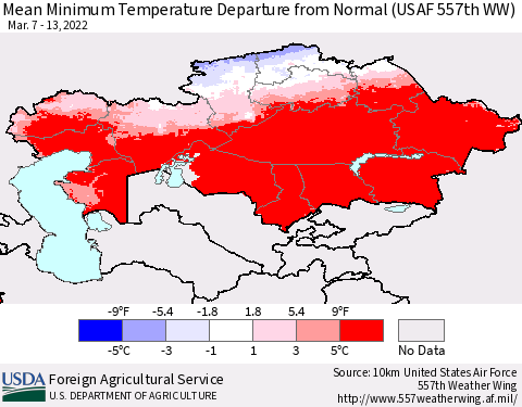 Kazakhstan Mean Minimum Temperature Departure from Normal (USAF 557th WW) Thematic Map For 3/7/2022 - 3/13/2022