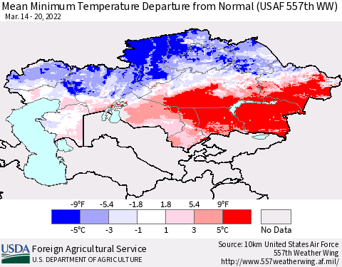 Kazakhstan Mean Minimum Temperature Departure from Normal (USAF 557th WW) Thematic Map For 3/14/2022 - 3/20/2022