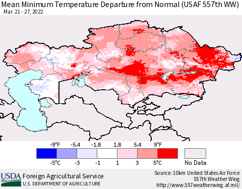 Kazakhstan Mean Minimum Temperature Departure from Normal (USAF 557th WW) Thematic Map For 3/21/2022 - 3/27/2022