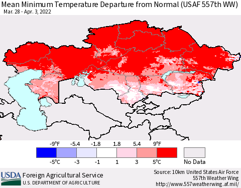 Kazakhstan Mean Minimum Temperature Departure from Normal (USAF 557th WW) Thematic Map For 3/28/2022 - 4/3/2022