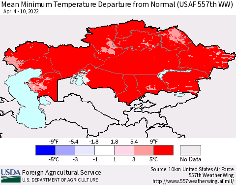 Kazakhstan Mean Minimum Temperature Departure from Normal (USAF 557th WW) Thematic Map For 4/4/2022 - 4/10/2022