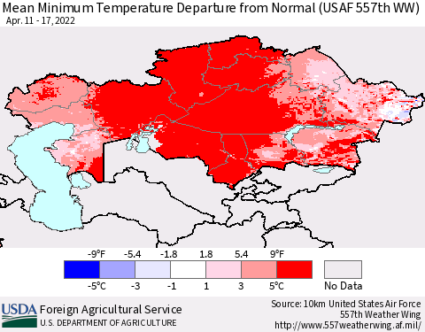 Kazakhstan Mean Minimum Temperature Departure from Normal (USAF 557th WW) Thematic Map For 4/11/2022 - 4/17/2022