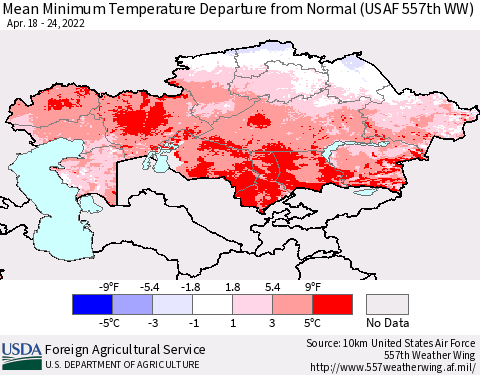 Kazakhstan Mean Minimum Temperature Departure from Normal (USAF 557th WW) Thematic Map For 4/18/2022 - 4/24/2022