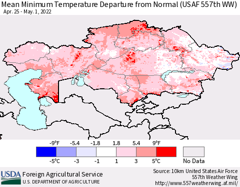 Kazakhstan Mean Minimum Temperature Departure from Normal (USAF 557th WW) Thematic Map For 4/25/2022 - 5/1/2022