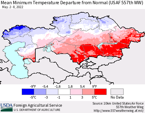 Kazakhstan Mean Minimum Temperature Departure from Normal (USAF 557th WW) Thematic Map For 5/2/2022 - 5/8/2022