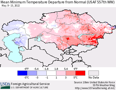 Kazakhstan Mean Minimum Temperature Departure from Normal (USAF 557th WW) Thematic Map For 5/9/2022 - 5/15/2022