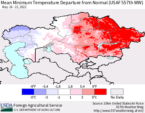 Kazakhstan Mean Minimum Temperature Departure from Normal (USAF 557th WW) Thematic Map For 5/16/2022 - 5/22/2022