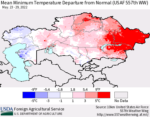 Kazakhstan Mean Minimum Temperature Departure from Normal (USAF 557th WW) Thematic Map For 5/23/2022 - 5/29/2022