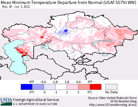Kazakhstan Mean Minimum Temperature Departure from Normal (USAF 557th WW) Thematic Map For 5/30/2022 - 6/5/2022