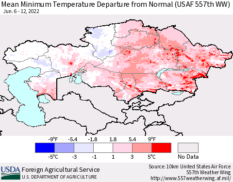 Kazakhstan Mean Minimum Temperature Departure from Normal (USAF 557th WW) Thematic Map For 6/6/2022 - 6/12/2022