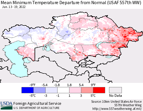 Kazakhstan Mean Minimum Temperature Departure from Normal (USAF 557th WW) Thematic Map For 6/13/2022 - 6/19/2022