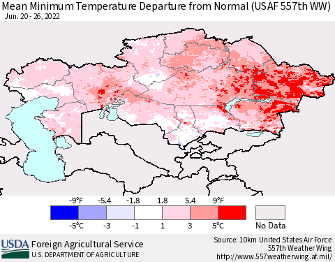 Kazakhstan Mean Minimum Temperature Departure from Normal (USAF 557th WW) Thematic Map For 6/20/2022 - 6/26/2022