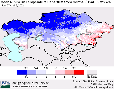 Kazakhstan Mean Minimum Temperature Departure from Normal (USAF 557th WW) Thematic Map For 6/27/2022 - 7/3/2022
