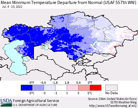 Kazakhstan Mean Minimum Temperature Departure from Normal (USAF 557th WW) Thematic Map For 7/4/2022 - 7/10/2022