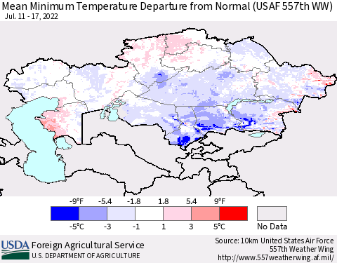Kazakhstan Mean Minimum Temperature Departure from Normal (USAF 557th WW) Thematic Map For 7/11/2022 - 7/17/2022