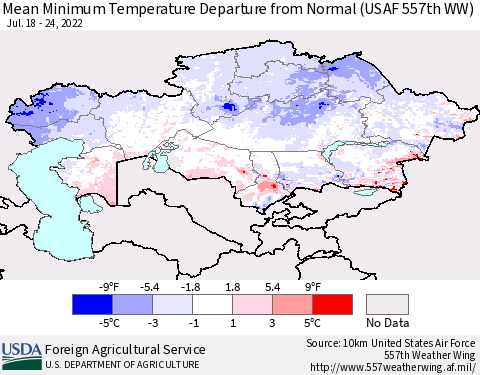 Kazakhstan Mean Minimum Temperature Departure from Normal (USAF 557th WW) Thematic Map For 7/18/2022 - 7/24/2022