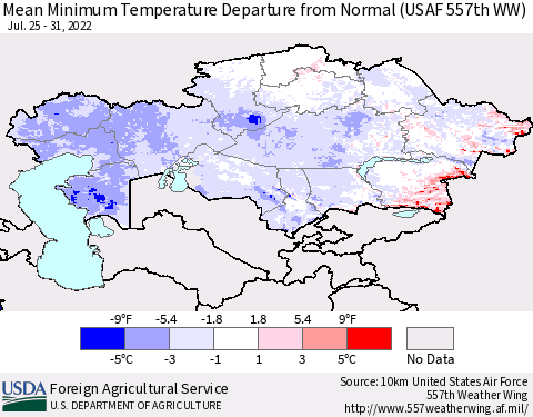 Kazakhstan Mean Minimum Temperature Departure from Normal (USAF 557th WW) Thematic Map For 7/25/2022 - 7/31/2022