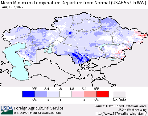 Kazakhstan Mean Minimum Temperature Departure from Normal (USAF 557th WW) Thematic Map For 8/1/2022 - 8/7/2022