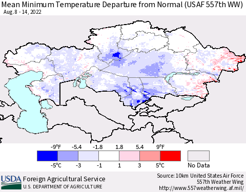 Kazakhstan Mean Minimum Temperature Departure from Normal (USAF 557th WW) Thematic Map For 8/8/2022 - 8/14/2022