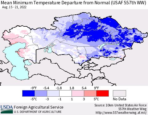 Kazakhstan Mean Minimum Temperature Departure from Normal (USAF 557th WW) Thematic Map For 8/15/2022 - 8/21/2022
