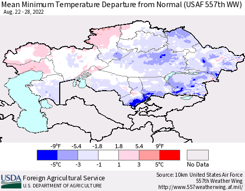 Kazakhstan Mean Minimum Temperature Departure from Normal (USAF 557th WW) Thematic Map For 8/22/2022 - 8/28/2022