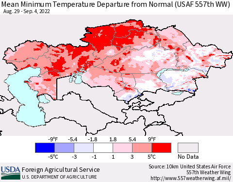 Kazakhstan Mean Minimum Temperature Departure from Normal (USAF 557th WW) Thematic Map For 8/29/2022 - 9/4/2022