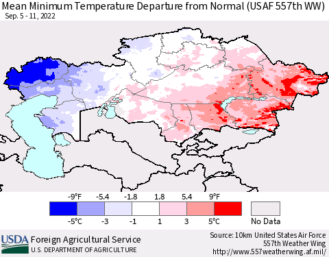Kazakhstan Mean Minimum Temperature Departure from Normal (USAF 557th WW) Thematic Map For 9/5/2022 - 9/11/2022