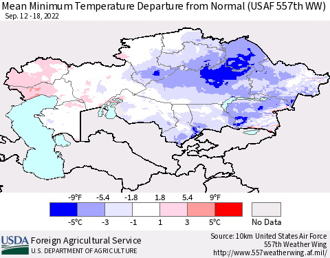 Kazakhstan Mean Minimum Temperature Departure from Normal (USAF 557th WW) Thematic Map For 9/12/2022 - 9/18/2022