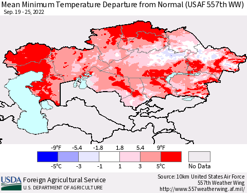 Kazakhstan Mean Minimum Temperature Departure from Normal (USAF 557th WW) Thematic Map For 9/19/2022 - 9/25/2022