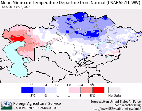 Kazakhstan Mean Minimum Temperature Departure from Normal (USAF 557th WW) Thematic Map For 9/26/2022 - 10/2/2022