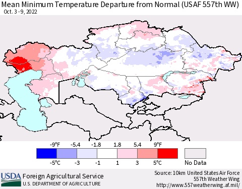 Kazakhstan Mean Minimum Temperature Departure from Normal (USAF 557th WW) Thematic Map For 10/3/2022 - 10/9/2022