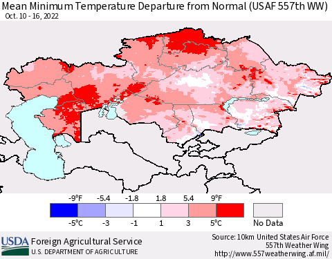 Kazakhstan Mean Minimum Temperature Departure from Normal (USAF 557th WW) Thematic Map For 10/10/2022 - 10/16/2022