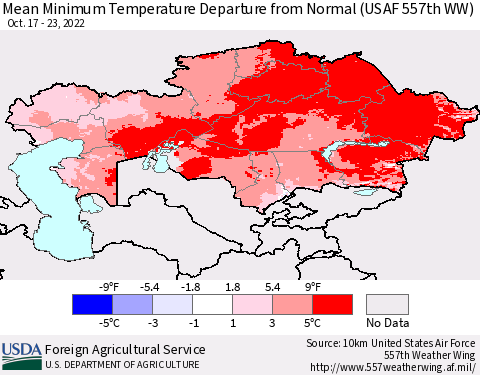 Kazakhstan Mean Minimum Temperature Departure from Normal (USAF 557th WW) Thematic Map For 10/17/2022 - 10/23/2022