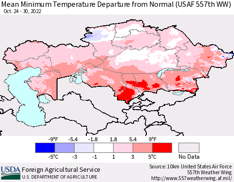 Kazakhstan Mean Minimum Temperature Departure from Normal (USAF 557th WW) Thematic Map For 10/24/2022 - 10/30/2022