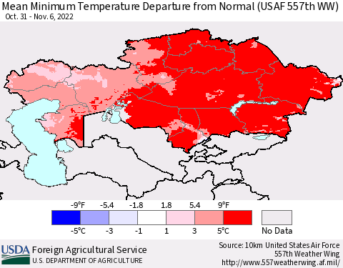 Kazakhstan Mean Minimum Temperature Departure from Normal (USAF 557th WW) Thematic Map For 10/31/2022 - 11/6/2022