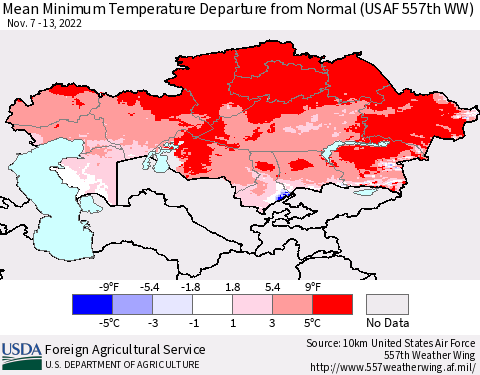 Kazakhstan Mean Minimum Temperature Departure from Normal (USAF 557th WW) Thematic Map For 11/7/2022 - 11/13/2022