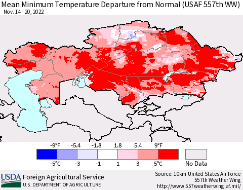 Kazakhstan Mean Minimum Temperature Departure from Normal (USAF 557th WW) Thematic Map For 11/14/2022 - 11/20/2022