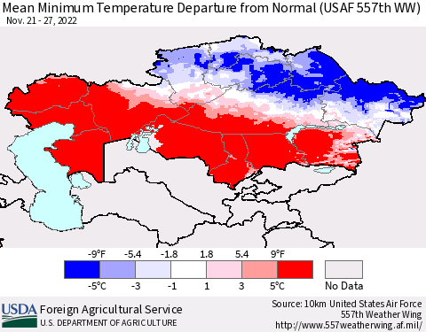 Kazakhstan Mean Minimum Temperature Departure from Normal (USAF 557th WW) Thematic Map For 11/21/2022 - 11/27/2022
