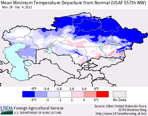 Kazakhstan Mean Minimum Temperature Departure from Normal (USAF 557th WW) Thematic Map For 11/28/2022 - 12/4/2022