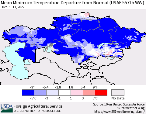 Kazakhstan Mean Minimum Temperature Departure from Normal (USAF 557th WW) Thematic Map For 12/5/2022 - 12/11/2022