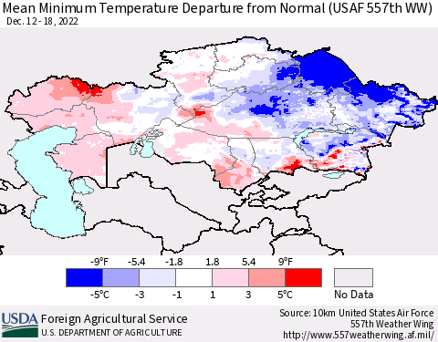 Kazakhstan Mean Minimum Temperature Departure from Normal (USAF 557th WW) Thematic Map For 12/12/2022 - 12/18/2022