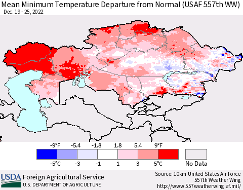 Kazakhstan Mean Minimum Temperature Departure from Normal (USAF 557th WW) Thematic Map For 12/19/2022 - 12/25/2022